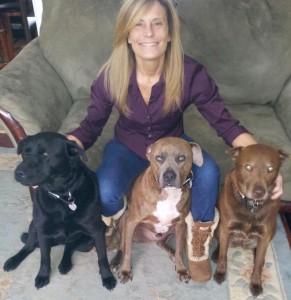 Patti with Bella, Blue, and Odie